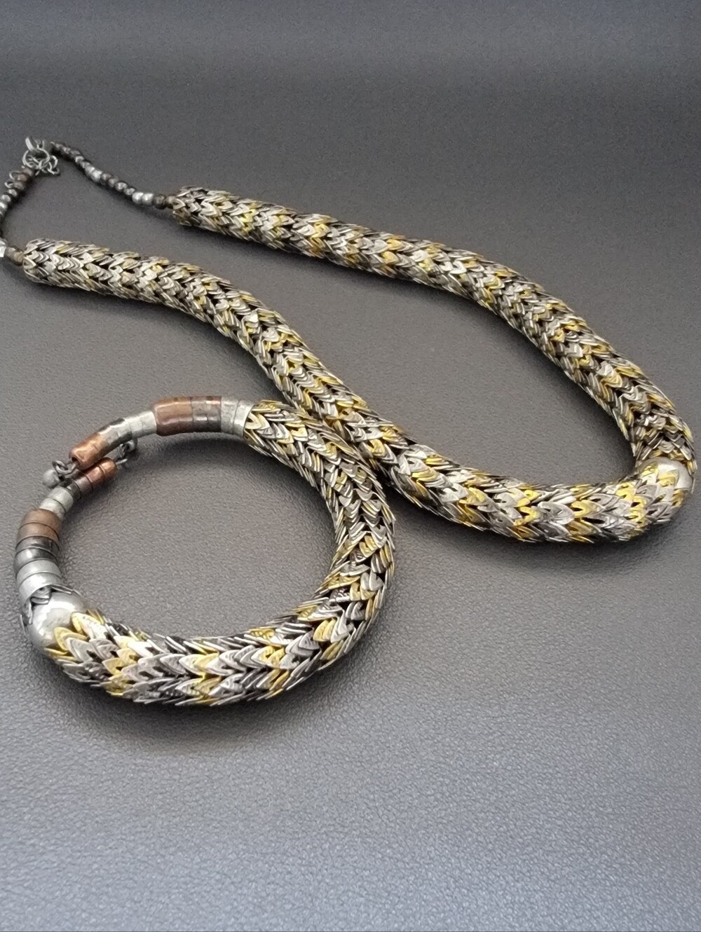 Artisan Mixed Metal Armor Weave Necklace & Bracelet Set | Dragon Scale Statement